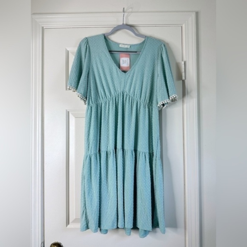 Mint Blue Reborn J dress Women Size Large V Neck Pleated Flowy - Picture 4 of 13